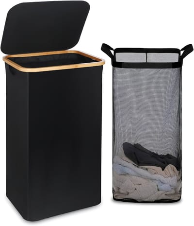 SP® Wasmand - 100L - Wasmanden - Wasmand Met Deksel - Zwart - 41cm x 33cm x 74cm