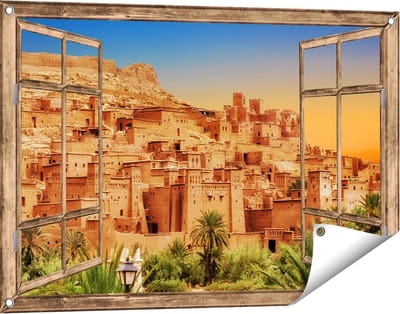 Gards Tuinposter Doorkijk Kasbah Ait Ben Haddou Stad in Marokko - 90x60 cm - Tuindoek - Tuindecoratie - Wanddecoratie buiten - Tuinschilderij