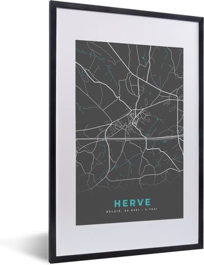 Fotolijst incl. Poster - Plattegrond – Herve – Blauw – Stadskaart - Kaart - België - 40x60 cm - Posterlijst