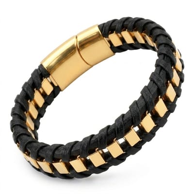 Zwarte heren armband met gevlochten PU leer en goudkleurige metalen schakels – magnetische sluiting