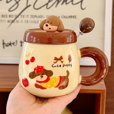 Mug en Céramique Chiot Teckel Dessin Animé avec Couvercle et Cuillère, Mignon Tasse à Petit-Déjeuner pour la Maison, Lait, Gruau, Souvenir 340ml