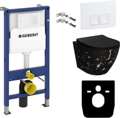 Inbouwreservoir Complete Toiletset Geberit Duofix Basic - Inbouw WC Hangtoilet Wandcloset SOFI SLIM FIRE Zwart Mat Marble - Bedieningsplaat DELTA Wit - Voorwandelement - Installatiesysteem