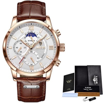 2021 Luik Horloges Heren Topmerk Luxe Klok Casual Leathe 24 Uur Maanfase Mannen Horloge Sport Waterdicht Quartz chronograaf + Box wit/goud