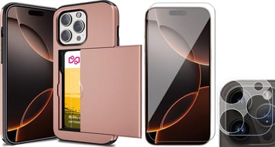 Hoesje met Pasjeshouder geschikt voor iPhone 16 Pro - Screenprotector GlassGuard & Camera Lens Screen Protector - Back Cover SlideCase Roségoud