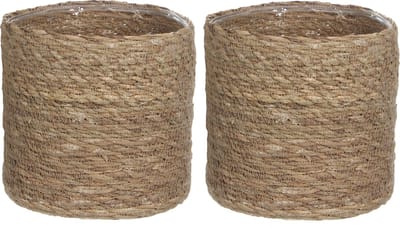 Mica Decorations Plantenmand - 2x stuks - rotan - naturel met bruin - 20 cm - Met plastic binnenkant