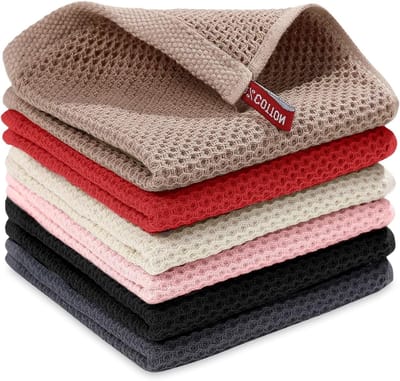 Wafeltheedoeken Set van 6 - Zwart, Lichtroze, Felrood, Donkergrijs, Beige en Lichtbruin - 30x30 cm, Ideaal voor Keuken en Huishouden