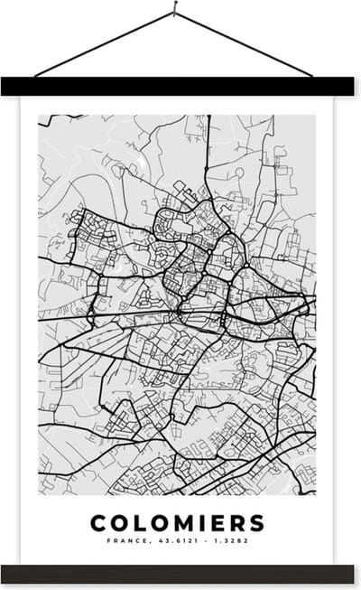 Posterhanger incl. Poster 40x60 cm - Schoolplaat - Frankrijk - Colomiers - Stadskaart - Plattegrond - Kaart - Textielposter - Zwarte latten - Stadskaart