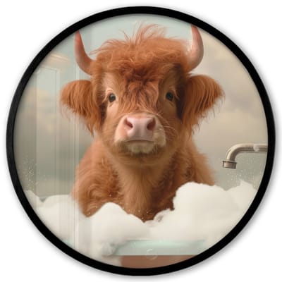 Poster in lijst Rond - Fotolijst 40x40 cm - Posters - Schotse hooglander - Bad - Schuim - Koe - Ronde posterlijst zwart - Decoratie - Wanddecoratie woonkamer - Muurdecoratie slaapkamer