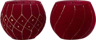 J-Line kaarshouder Lijnen/Geruit - fluweel - rood/goud - 2 stuks