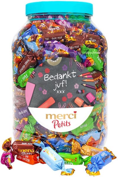 merci Petits chocolade cadeau voor juf - "Bedankt juf" (design 1) - 1400g