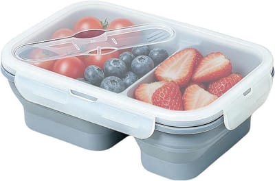 Siliconen Lunchcontainer - Opvouwbare Bakjes - Maaltijdvoorbereiding - Twee Vakken Lekdicht - 1100 milliliter - Blauw