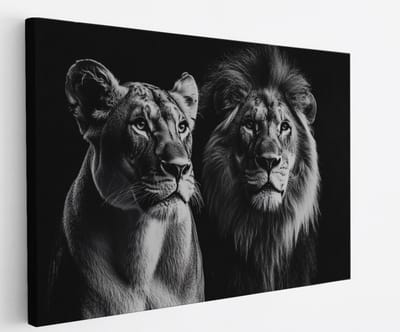 Saammp Canvas Schilderij - Leeuwin en leeuw - Portret - Dieren - Natuur - 60x40 - Foto op canvas - Wanddecoratie - Muurdecoratie Woonkamer - Slaapkamer decoratie - Canvas Print