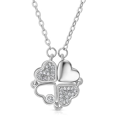 Juwelium Klavertje Vier Hartjes Ketting Verstelbaar 40 tot 45 cm met Zirkonia Kristallen in Luxe Sieradendoos met Rozen en Rozenbeer van 25 cm in Cadeauverpakking – Perfect Cadeau voor Vrouw, Vriendin, Moeder, Dochter