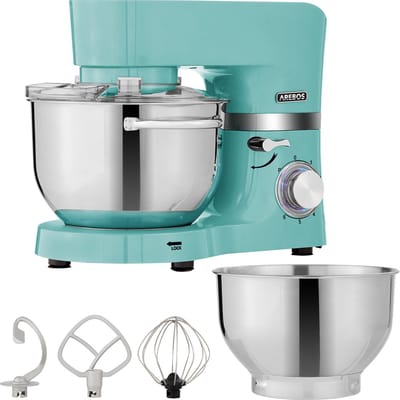 AREBOS Keukenmachine - 1500W - Keukenrobot - 5,5L&4,5L - Keukenmixer - Foodprocessor - Roestvrij Stalen Mengkom - 6 Snelheden - Turquoise