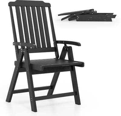 COSTWAY Inklapbare tuinstoel, klapstoel met hoge rugleuning, van kunststof, weerbestendige balkonstoel in houtlook, tot 150 kg belastbaar, voor tuin, terras, balkon (zwart)