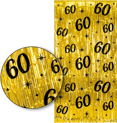 LUQ – 60 Jaar Franjes Gordijn – Goud & Zwart Tinsel Curtain 2x1 m – Luxe feestdecoratie voor verjaardag/birthday party.