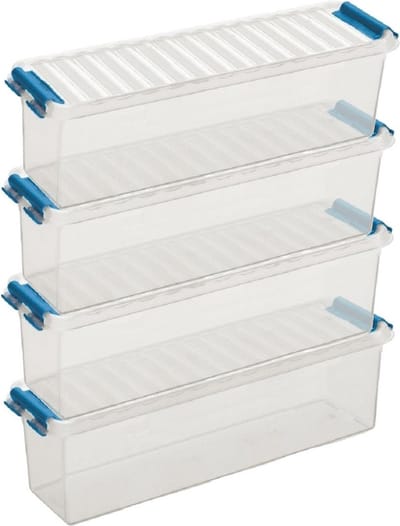 4x sunware q-line opberg box/opbergdoos - 1.3 liter - 27 x 8 x 9 cm - kunststof - opslagbox - transparant/blauw