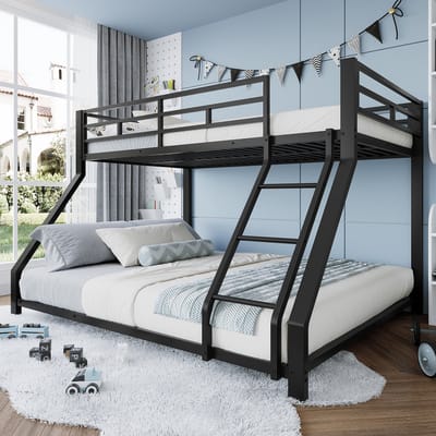 STILVORA Stapelbed 90x200/140x200 cm – Stevig Metalen Frame en EN747 Veiligheidscertificaat – Met Trap en Beschermrail – Metaal – Zwart – Zonder Matras