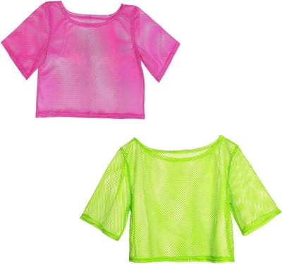 2 Pcs Neon Fishnet Tops voor Dames, Off Shoulder T-Shirts in 80s Punk Stijl, Retro Kostuum Accessoires voor Themafeesten en Clubwear (Groen, Roze)