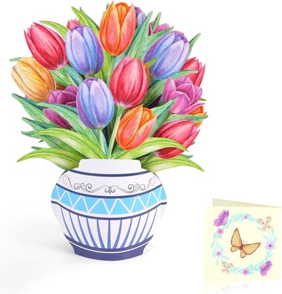 Pop-up Kaart - Wenskaart Boeket - Feestelijke Groeten - 3D Tulpen Design - 34x26cm Gesloten - Kleurrijk