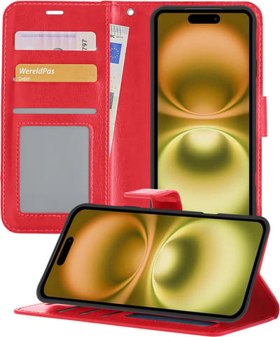 Hoesje - Met Pasjeshouder - Geschikt voor Apple iPhone 16 - Luxe Bookcase Portemonee - Flip Case - Kunstleer Book Case - Flipcase - Book Cover - Walletcase - Portemonneehoes - Telefoonhoesjes - Rood