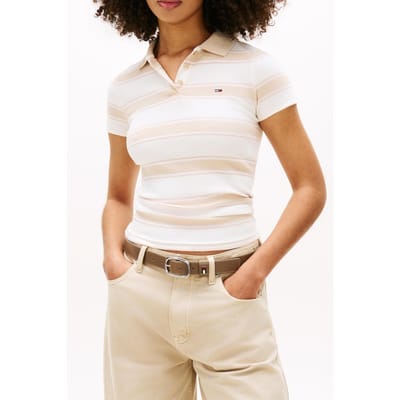 Tommy Hilfiger Tjw Slim Rib Ss Polo White Clay/multi Stripe Größe: S | Ausgestellte Hosen Outlet | Damen | Weiß