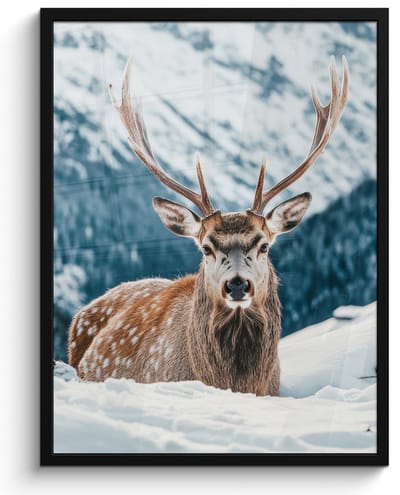 Poster in lijst - Fotolijst 50x70 cm - Posters - Hert - Landschap - Winter - Natuur - Dieren - Bergen - Posterlijst zwart - Decoratie - Wanddecoratie woonkamer - Muurdecoratie slaapkamer