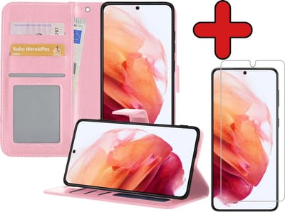 Hoesje - Met Screenprotector - Geschikt voor Samsung Galaxy S21 - Luxe Pasjeshouder - Flipcase - Bookcase Portemonee - Flip Case - Kunstleer Book Case - Book Cover - Walletcase - Portemonneehoes - Telefoonhoes - Lichtroze