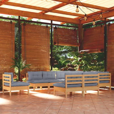 vidaXL - 10-delige - Loungeset - met - grijze - kussens - massief - grenenhout