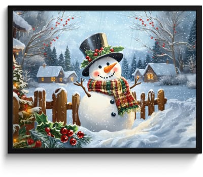 Poster in lijst - Fotolijst 80x60 cm - Posters - Sneeuwpop - Winterdorp - Kleurrijk - Posterlijst zwart - Decoratie - Wanddecoratie woonkamer - Muurdecoratie slaapkamer