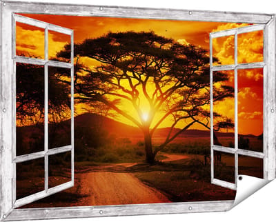 Gards Tuinposter Doorkijk Zonsondergang Achter een Savanne Boom - 150x100 cm - Tuindoek - Tuindecoratie - Wanddecoratie buiten - Tuinschilderij