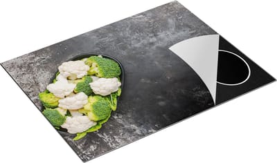Chefcare Inductie Beschermer Bloemkool met Brocolli op Zwarte Marmer - 77x59 cm - Afdekplaat Inductie - Kookplaat Beschermer - Inductie Mat