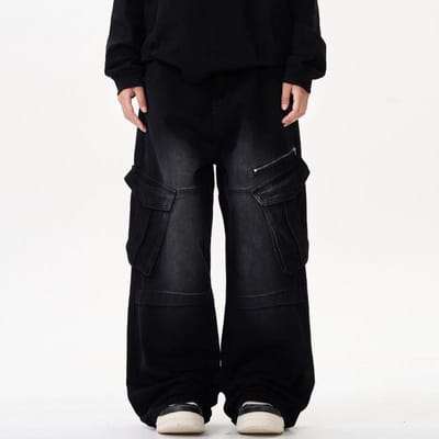 Jeans Hip-hop Streetwear Américain Homme Design Multi-poches Lavable Fermeture Éclair Jambe Large XXL noir