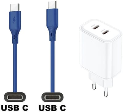 35W super snellader met 2 poorten USB C en USB C + 1,0m USB C naar C kabel. Universele PD lader. Oplader adapter past op JBL CLUB 700BT / 950NC / ONE / ONE Pro+, Wave 100 / 200 / 300 / Beam/ Buds / Flex, Reflect Aero / Mini NC