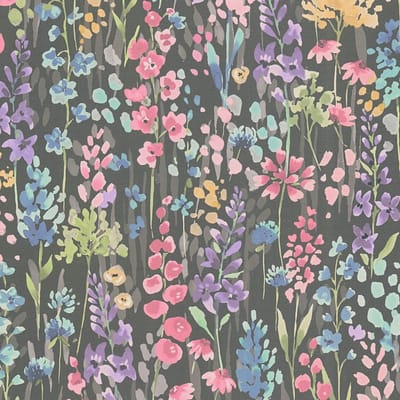 Bloemen behang Profhome 396064-GU vliesbehang hardvinyl warmdruk in reliëf glad in aquarel stijl mat zwart zuurstokroze blauw groen 5,33 m2