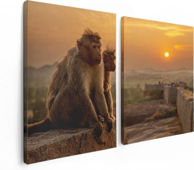 Artaza Canvas Schilderij Tweeluik Twee Apen Bekijken De Zonsondergang - 120x80 - Foto Op Canvas - Canvas Print