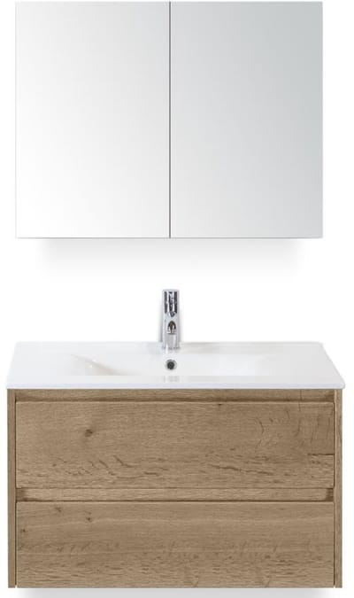 Dante Badmeubelset 80 cm - Natuur Eiken - Keramische Wastafel Wit Enjoy met Spiegelkast
