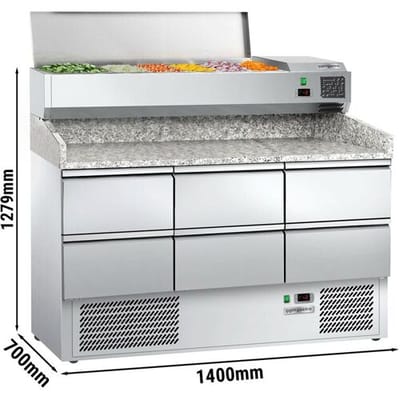 GGM Gastro Pizzakühltisch ECO - 1400x700mm - mit 6 Schubladen 1/2 - inkl. Kühl-Aufsatzvitrine mit 6x GN 1/4
