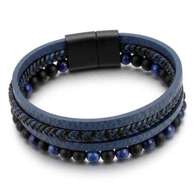 4-in-1 heren armband – blauw imitatieleer en zwarte kralen met donkerblauwe accenten – gevlochten details – met magnetische sluiting