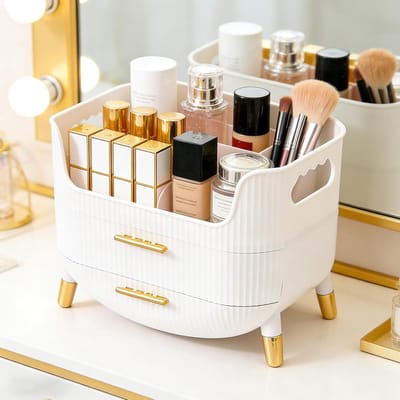 Make-up organizer met 2 laden, antislip ontwerp, huidverzorgingsoplossing voor kaptafel, slaapkamer en badkamer (wit)