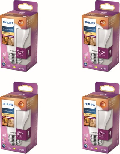 Philips Voordeelverpakking - E27 - WarmGlow - LED Standaardlamp - Mat - 60W - Dimbaar - Warmwit Licht - Set van 4 Stuks