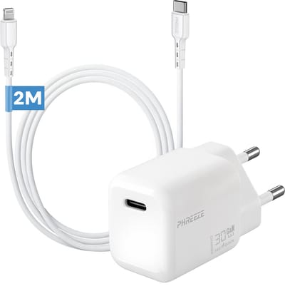 Snellader met usb C poort met geschikt voor Lightning naar usb C kabel - 30w oplader geschikt voor iPhone en iPad met oplaadkabel 2 meter wit