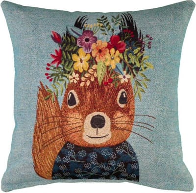 Kussenhoes - Luxe Gobelinstof - Callie - Blauw - Eekhoorn met bloemenband - 45 x 45 cm