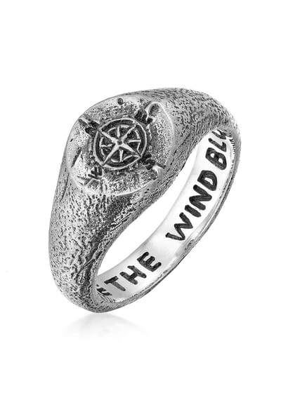 Haze & Glory - Ring - HG HAZE & GLORY - Ring Heren in 925 Sterling Zilver, sieraden mannen, Zilveren ring geoxideerd, Kompas, Like the wind blows - Heren