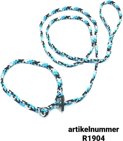 Abany quality design - 5 mtr babyblauw wit zwart - jachtlijn - dubbele stop - retrieverlijn - wandelhoofdstel - lijn leiband met halsband - sliplijn met stop – half slip - puppylijn - vanglijn - mantrailing - 1R1904