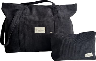 Bella Sofia® Dames Schoudertas - Zwarte Ribstof Mom Bag met Toilettas - Veelzijdige Shopper en Luiertas met Rits