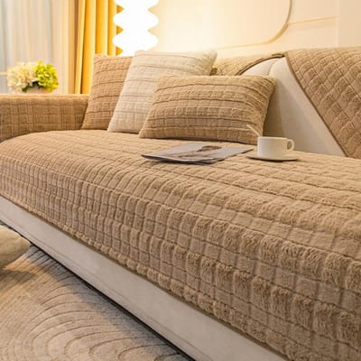 Imitatie Konijn Pluche Bankovertrek Voor Woonkamer Antislip Loveseat Fauteuil Bankhoes Meubelbeschermer Dropshipping Pillowcase30x50cm koffie