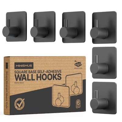 Minismus Zelfklevende Wandhaken Handdoekhaakjes Set van 6 – Zwarte Vierkante Haken Zonder Boren voor Handdoeken en Accessoires
