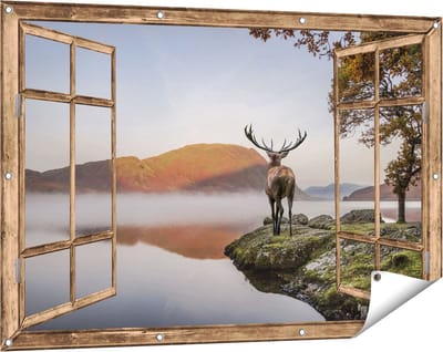 Gards Tuinposter Doorkijk Hert bij een Meer - 120x80 cm - Tuindoek - Tuindecoratie - Wanddecoratie buiten - Tuinschilderij