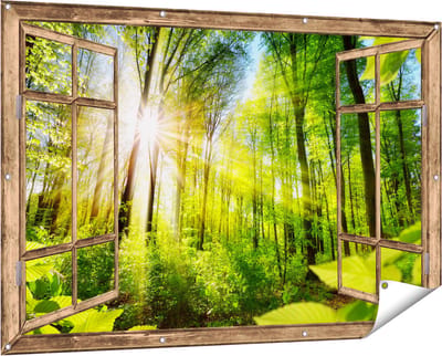 Gards Tuinposter Doorkijk Weg Omringd met Bomen in het Bos - 150x100 cm - Tuindoek - Tuindecoratie - Wanddecoratie buiten - Tuinschilderij